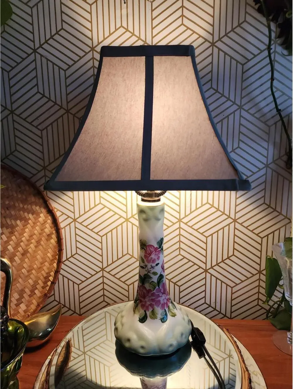 Vintage Ceramic Green Floral Table Lamp With Square Green Shade Cottage Core